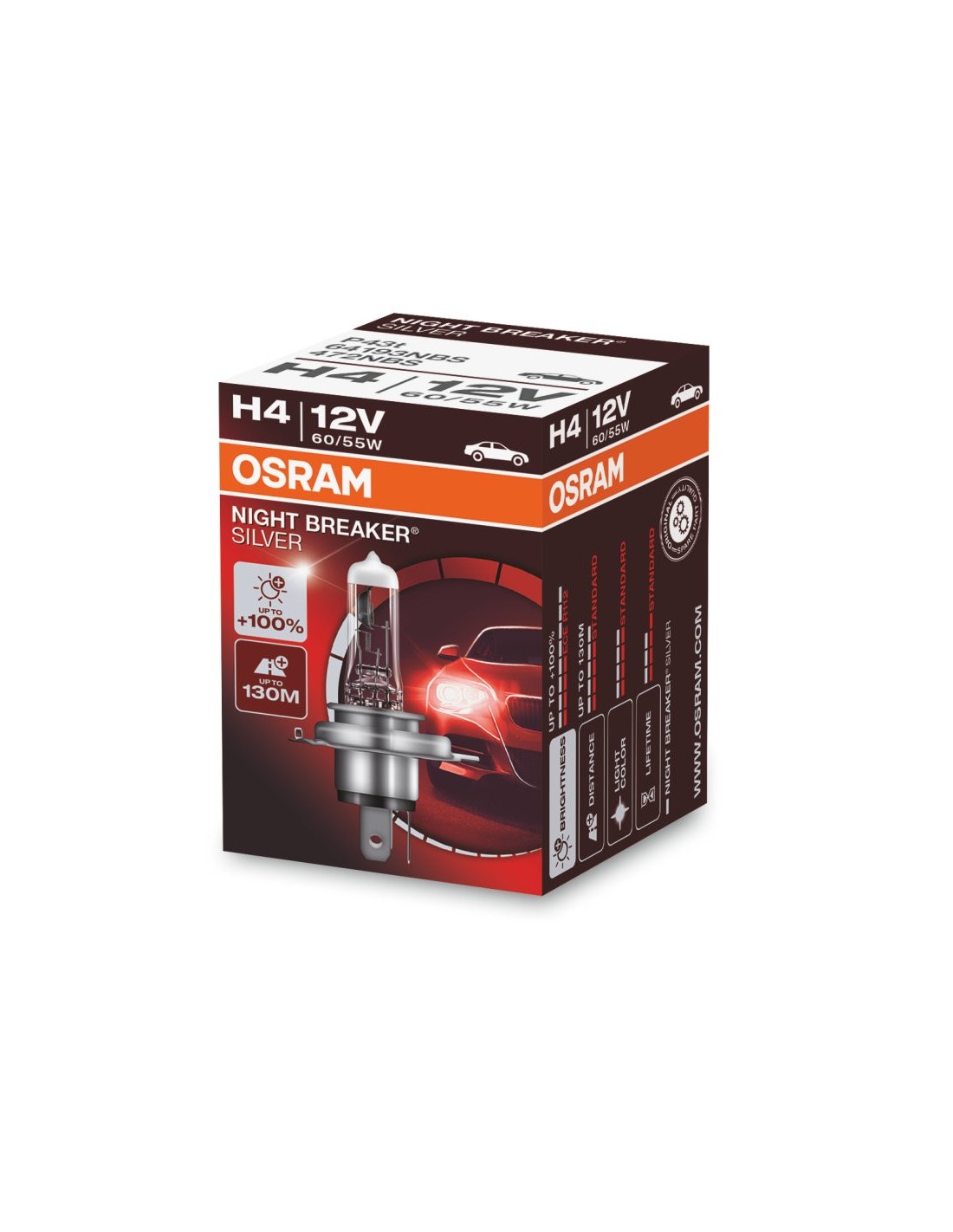 Tuning H4 60 55W Bombilla Coche Silverstar 2.0 12V, Osram