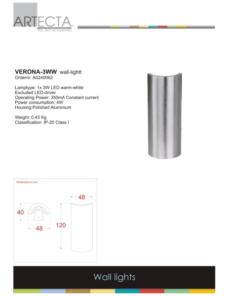 ARTECTA A0240062 APLIQUE LED VERONA 3W EN ALUMINIO BLANCO CA