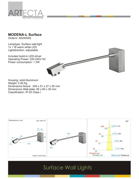 ARTECTA A0240055 APLIQUE PARED MODENA-L EN ALUMINIO 1W BLANC