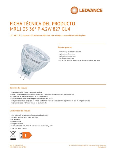 Ledvance spot mr11 35 performance class 12v 4,2w 2700k 36º GU4