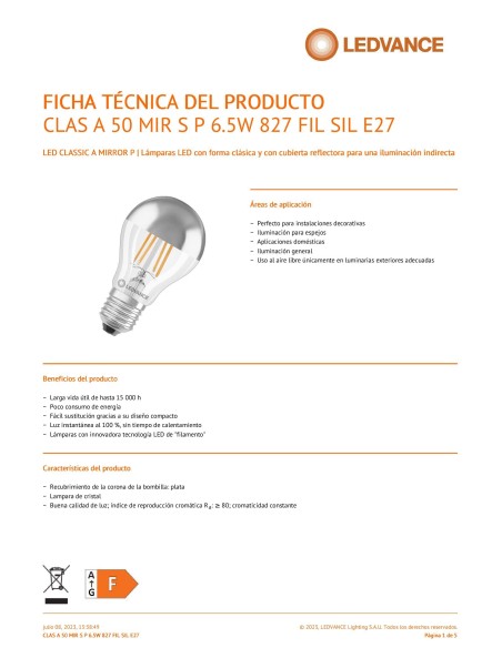 Ledvance classic a50 standard led cúpula plata 220v 6,5w 2700k E27