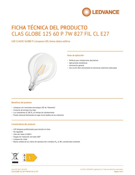 Ledvance classic globe 125 60 performance class globo claro 220v 7w 2700k E27