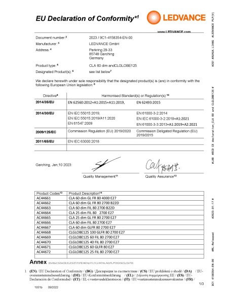 Ledvance classic globe 125 60 performance class globo claro 220v 7w 2700k E27