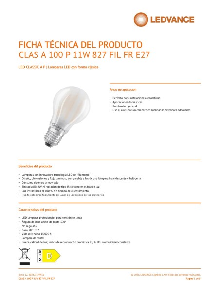 Ledvance classic a100 performance class standard mate 220v 11w 2700k E27