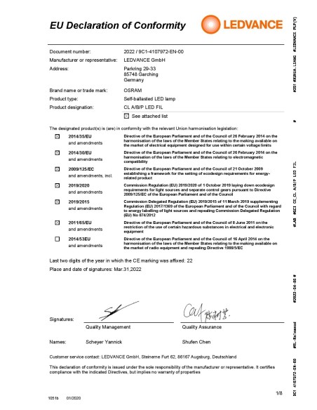 Ledvance classic a100 performance class standard mate 220v 11w 2700k E27