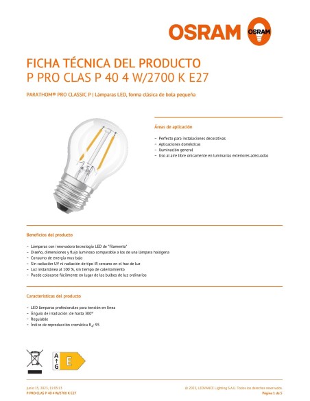 Osram-Ledvance parathom pro classic p40 led esférica clara regulable 220v 4w 2700k E27