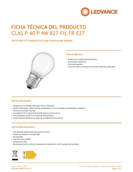 Ledvance classic p40 performance class esferica  mate 220v 4w 2700k E27