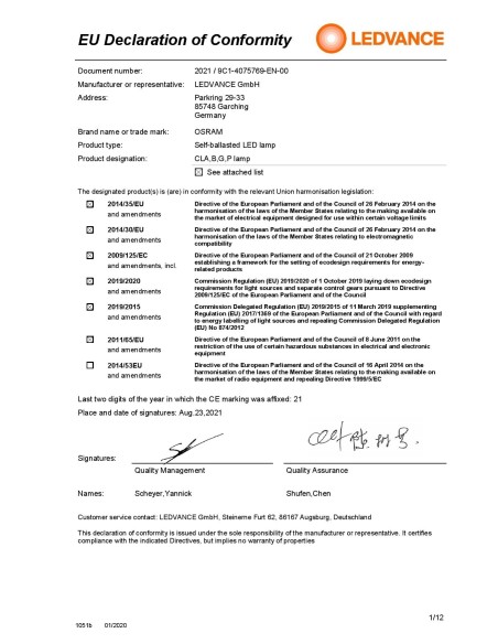 Ledvance classic p40 performance class esferica  mate 220v 4w 2700k E27