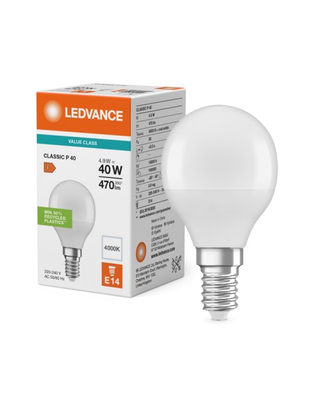 Ledvance classic p40 value class esférica mate 220v 4,9w 4000k E14